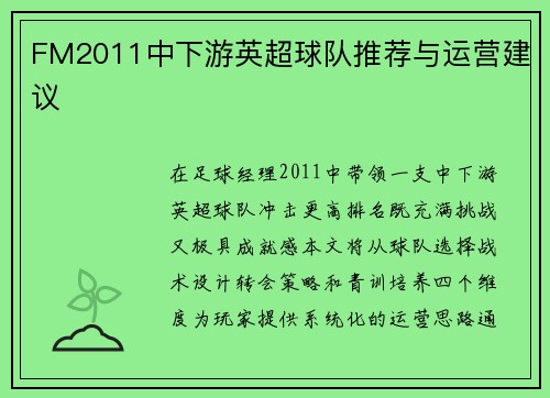 FM2011中下游英超球队推荐与运营建议